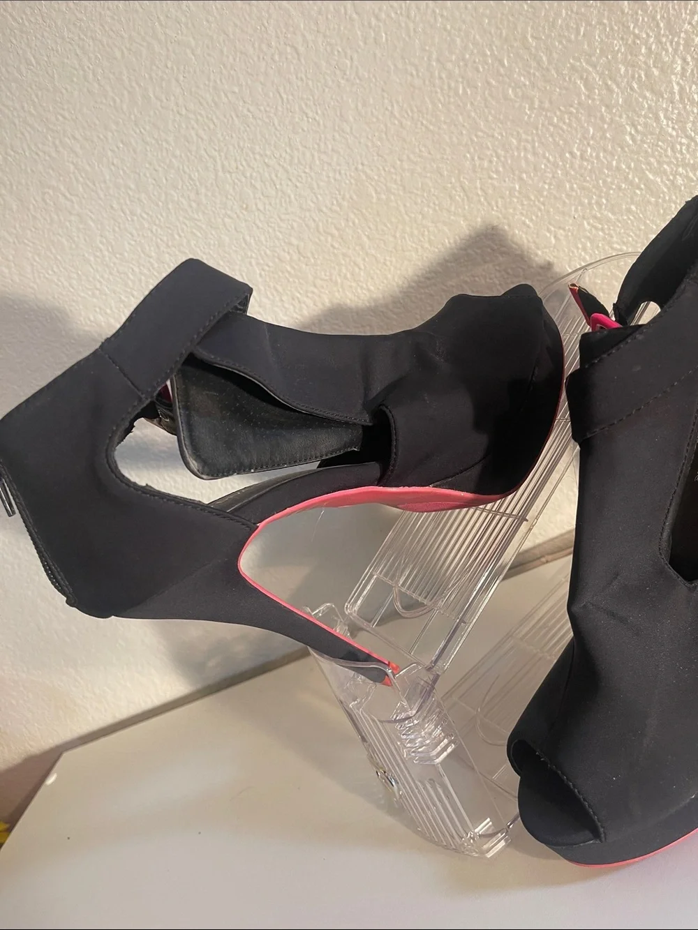 Wild Diva Black Peep-Toe Stiletto Heels with Pink Accents